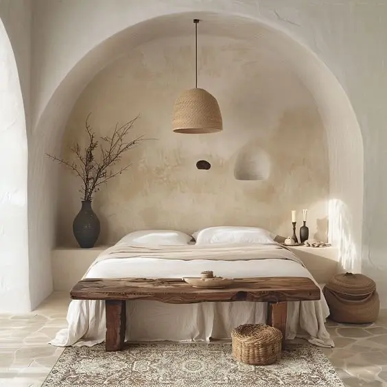 wabi sabi style bedroom interior with warm tone and minimal furniture including a bed and bench at the foot of the bed and wicker baskets for storage.