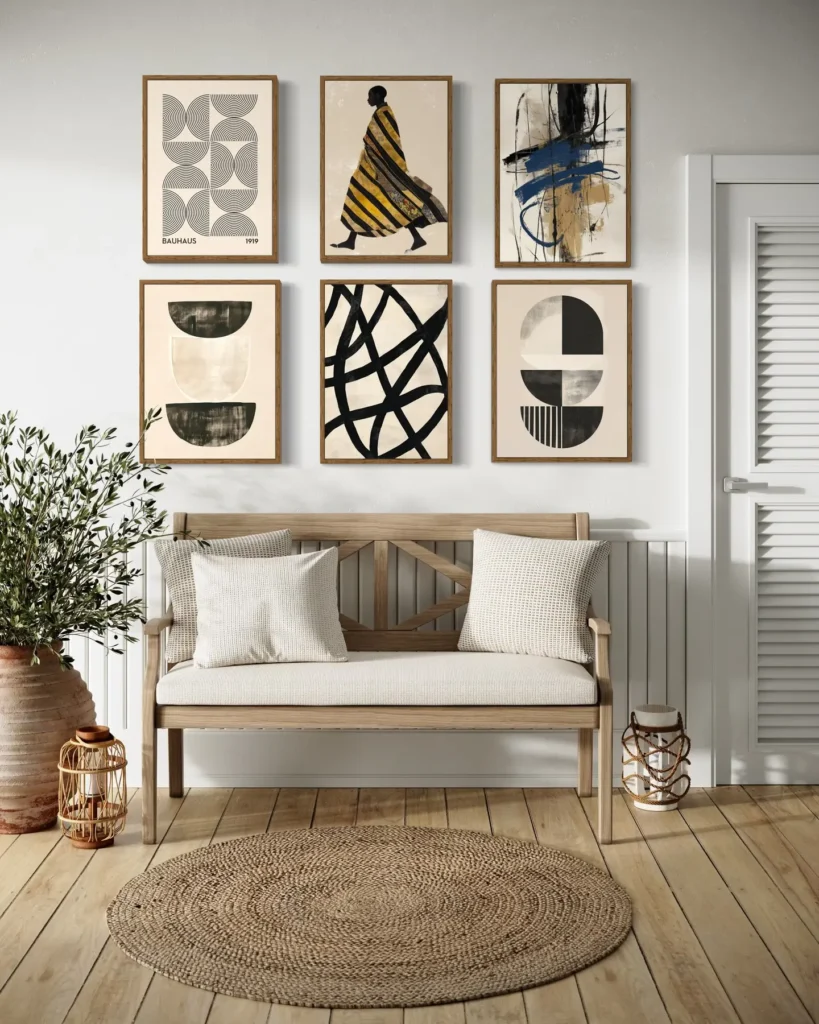A wooden bench with cushions is against a wall decorated with six framed wall art pieces; a woven rug and potted plant are in the foreground.
