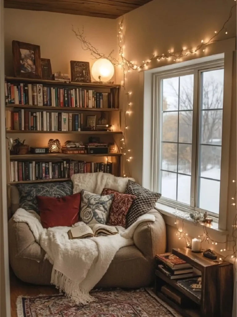 Cozy reading nook with a cushioned chair, throw blankets, pillows, bookshelves, string lights, a window framing a snowy view, and books stacked on a small side table.