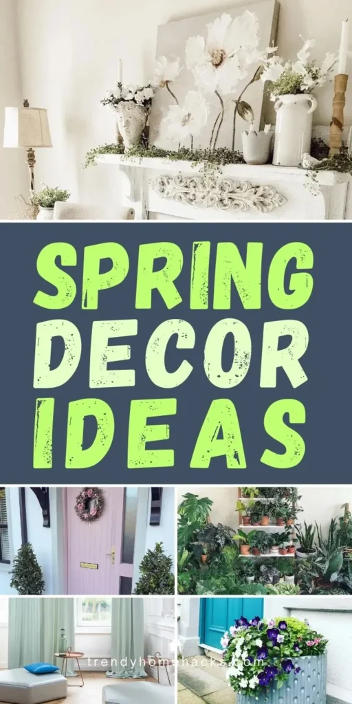 Spring home decor ideas featuring floral mantel styling, pastel front door wreath, indoor plants, and fresh seasonal accents.