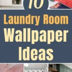 Collage of laundry rooms featuring bold wallpaper ideas, including floral, geometric, mural, and patterned designs in small and modern spaces.