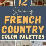 French country dining room and living room interiors featuring elegant color palettes with soft blues, warm creams, floral wallpaper, antique furniture, and classic European decor details.