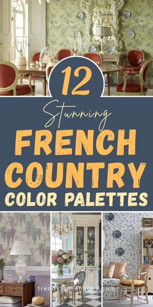 French country dining room and living room interiors featuring elegant color palettes with soft blues, warm creams, floral wallpaper, antique furniture, and classic European decor details.