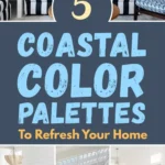 Collage showcasing coastal color palettes with airy living rooms, blue and white accents, striped sofas, light wood furniture, greenery, and beach-inspired decor for a fresh coastal home look.
