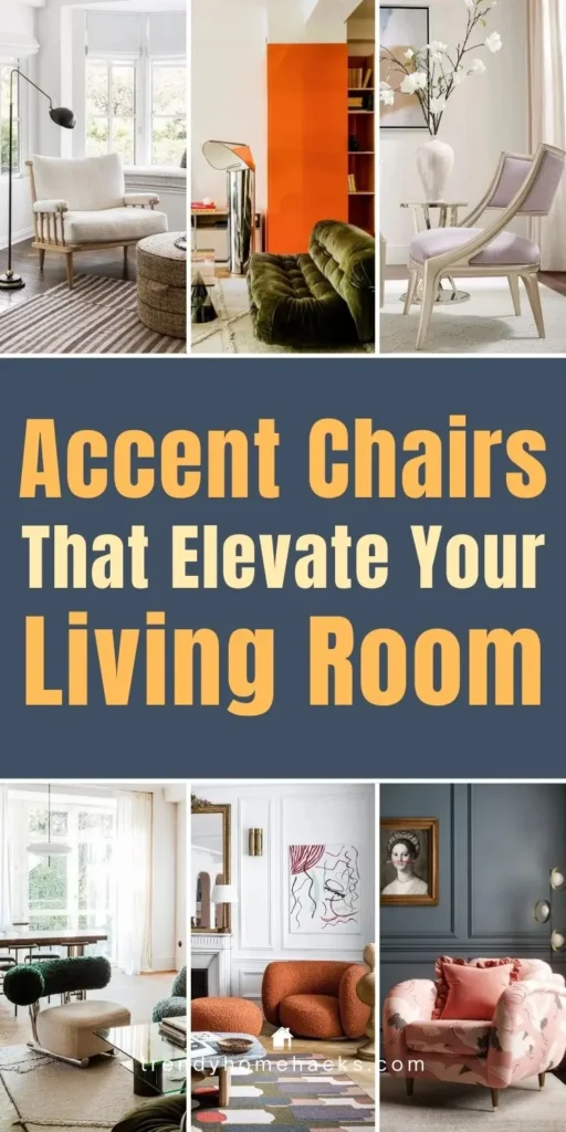A collage of stylish living room accent chairs featuring modern, sculptural, and upholstered designs in neutral and bold colors, showcasing how accent chairs elevate living room decor.