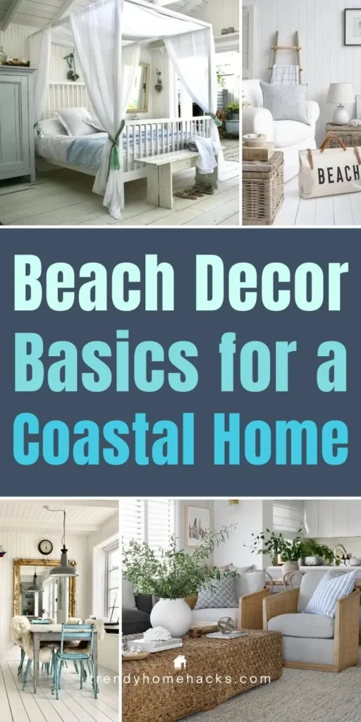 Collage of coastal home decor ideas featuring bright white interiors, natural wood furniture, woven textures, light blue accents, airy living rooms, and beach-inspired styling throughout the home.