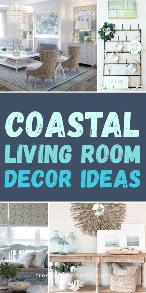 Bright coastal living room decorated with woven rattan chairs, light wood furniture, soft blue and white accents, natural textures, and beach-inspired decor creating an airy, relaxed seaside feel.