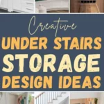 Collage of creative under stairs storage design ideas featuring built-in cabinets, cozy reading nooks, home office setups, wine storage, and smart space-saving solutions for small homes.