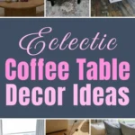Eclectic coffee table decor ideas featuring layered books, sculptural accents, textured trays, and bold living room styling.