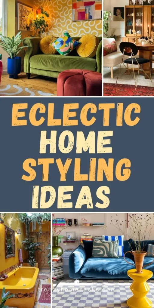 Eclectic home decor ideas featuring colorful furniture, layered textures, bold accessories, and artistic accents styled across living rooms, bathrooms, and dining spaces.