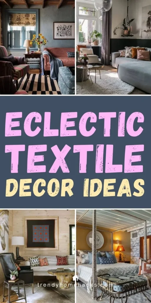 Eclectic textile decor ideas featuring layered fabrics, mixed patterns, cozy living rooms, and bold bedroom textiles.