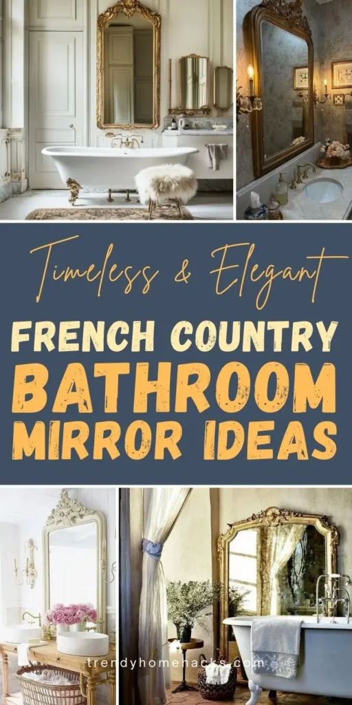 Collage of French country bathroom mirror ideas featuring ornate gold-framed mirrors, vintage vanities, clawfoot tubs, antique lighting, and timeless, elegant French country bathroom decor.