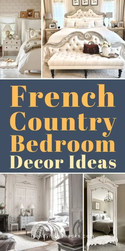 Collage of French country bedroom decor ideas featuring ornate beds, soft neutral palettes, vintage furniture, elegant textiles, and timeless French-inspired bedroom styling.