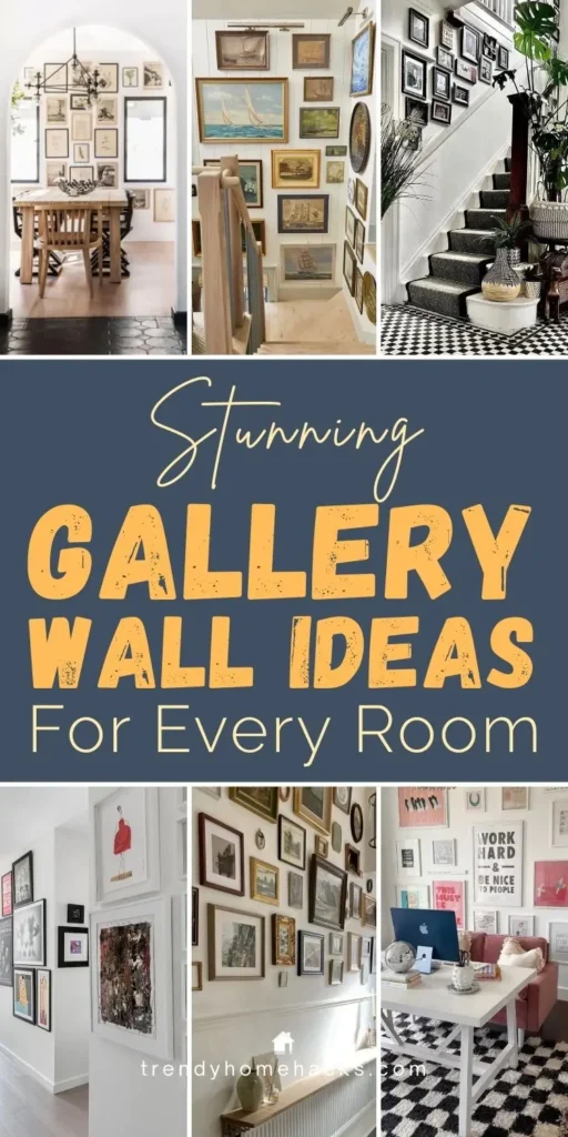 Collage of stunning gallery wall ideas for every room featuring curated art collections, staircase gallery walls, eclectic frame arrangements, and stylish wall decor for living spaces and home offices.