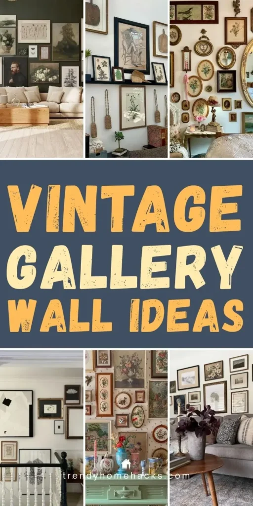 Vintage gallery wall featuring a mix of antique frames, vintage artwork, and layered wall decor arranged above furniture and along staircases for a collected, timeless home style.