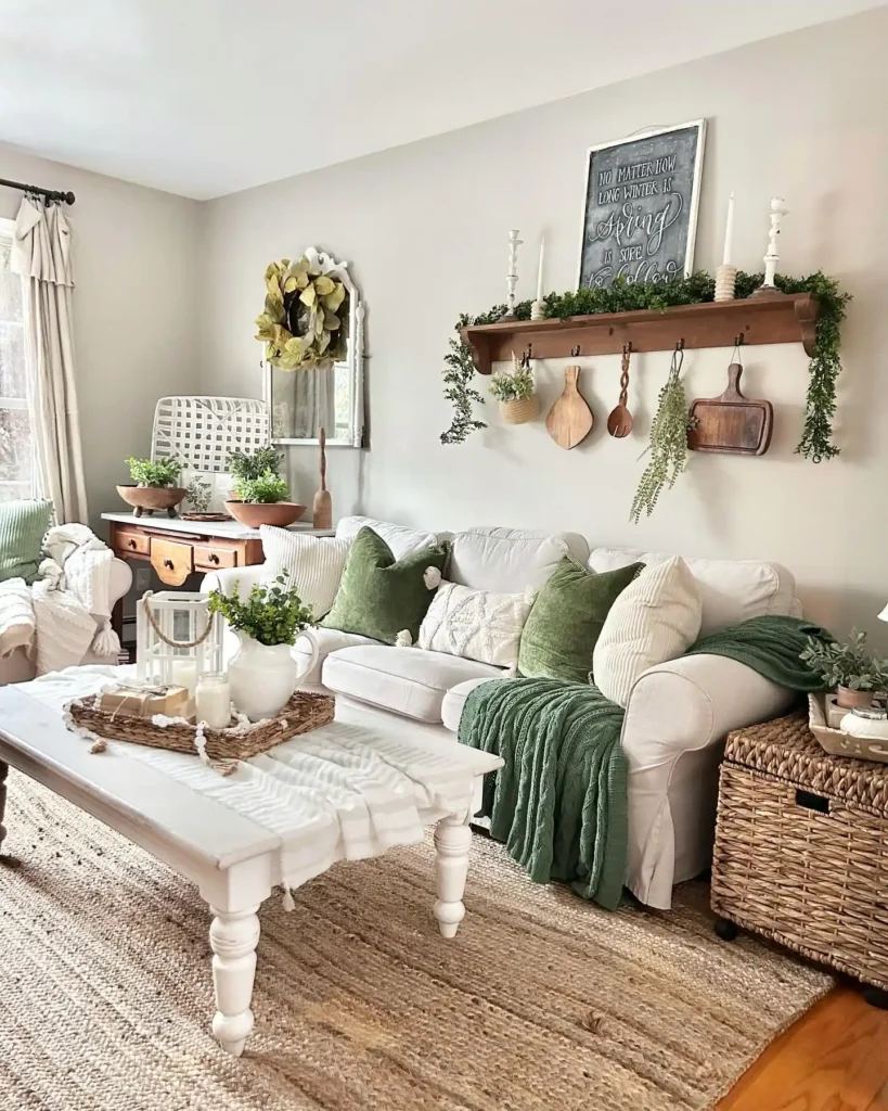 Spring living room decor with green throw pillows, layered greenery, farmhouse wall shelf styling, and neutral cozy accents.