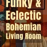 Funky bohemian living room with warm orange walls, layered textiles, patterned pillows, indoor plants, cozy lighting, and eclectic decor creating a colorful, inviting space.