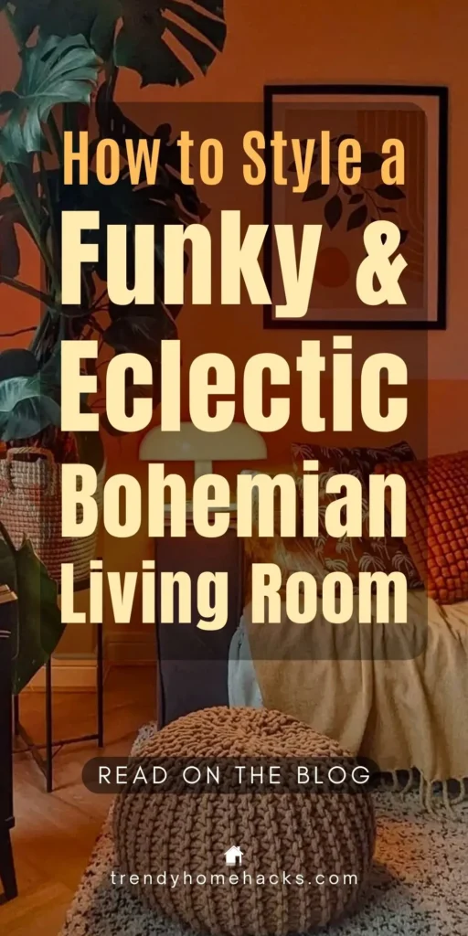 Funky bohemian living room with warm orange walls, layered textiles, patterned pillows, indoor plants, cozy lighting, and eclectic decor creating a colorful, inviting space.