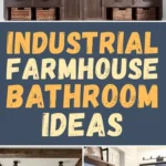Collage of industrial farmhouse bathroom ideas featuring a dark wood double vanity, black-framed glass shower, open wood shelving, white subway tile, shiplap walls, and rustic modern bathroom decor.