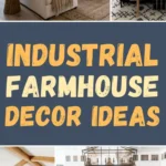 Industrial farmhouse living room and dining room interiors featuring exposed wood beams, black metal lighting, neutral furniture, rustic textures, and warm, timeless farmhouse decor elements.