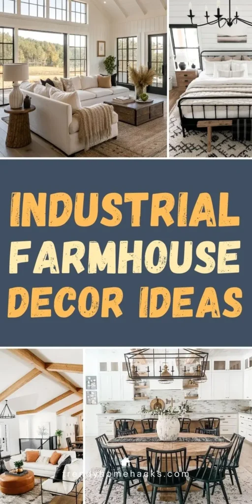 Industrial farmhouse living room and dining room interiors featuring exposed wood beams, black metal lighting, neutral furniture, rustic textures, and warm, timeless farmhouse decor elements.