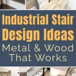 Industrial staircase designs with black metal balusters, wooden steps, open risers, and mixed modern farmhouse decor.