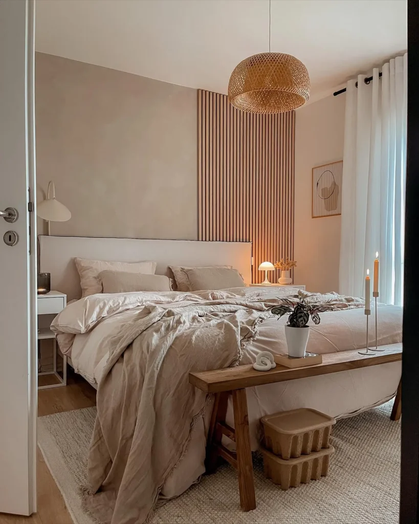 Japandi bedroom with neutral tones, minimalist wooden furniture, soft layered bedding, vertical wood slat accent wall, and warm ambient lighting creating a calm, serene space.