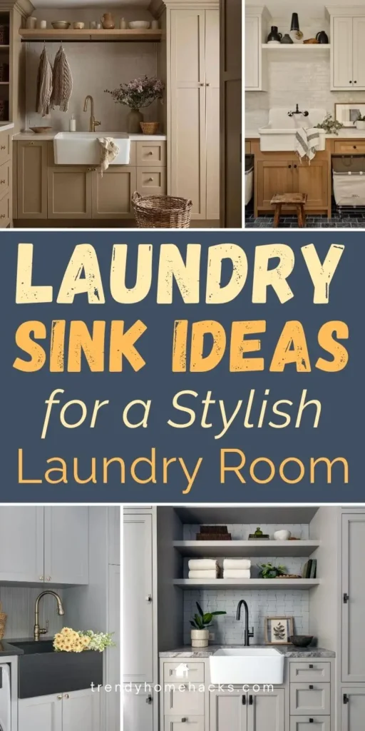 Collage of stylish laundry room sink ideas featuring farmhouse apron sinks, modern utility sinks, neutral cabinetry, open shelving, and decor accents in cozy and modern laundry rooms.