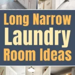 Collage pin of long narrow laundry room layouts with white cabinets, stacked washer and dryer, and vertical wall storage.