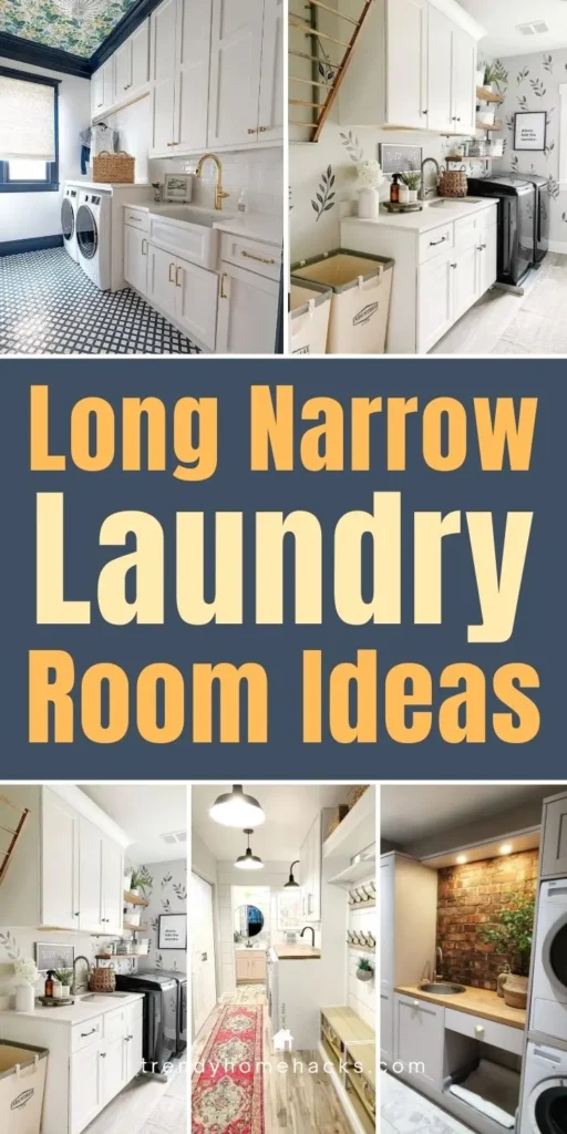 Collage pin of long narrow laundry room layouts with white cabinets, stacked washer and dryer, and vertical wall storage.