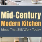 Collage of mid-century modern kitchen ideas featuring warm wood cabinetry, sleek kitchen islands, globe pendant lighting, open shelving, and timeless mid-century modern design elements that still work today.