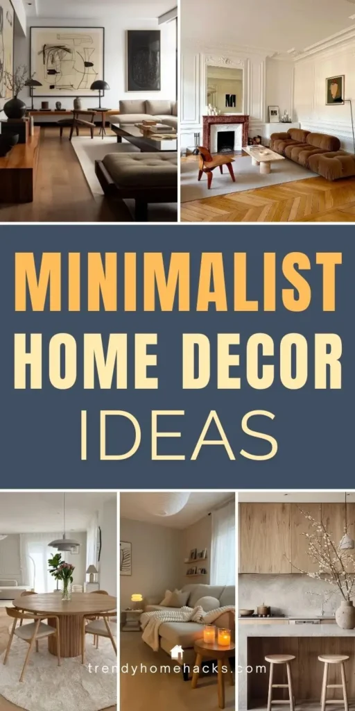 Examples of minimalist home decor featuring clean lines, neutral tones, natural wood furniture, and simple modern interiors