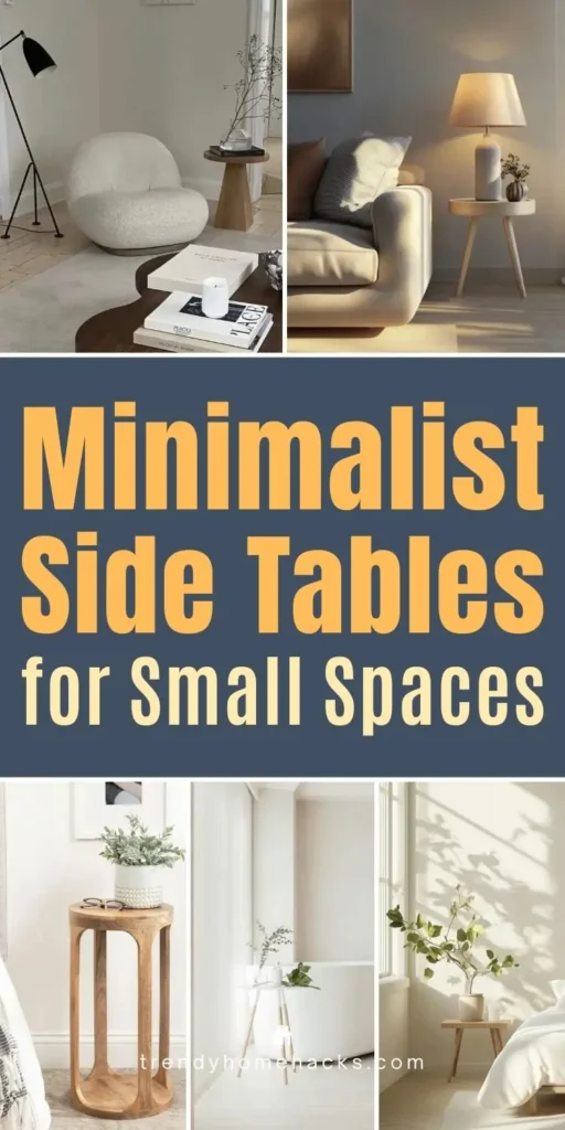 Minimalist side tables styled in small living spaces with neutral tones, simple wood designs, and soft natural lighting.