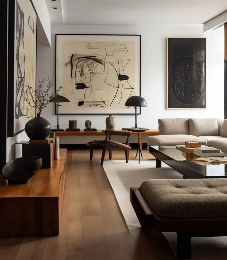 A minimalist modern living room with abstract art on the walls, neutral-toned furniture, a wooden bench, a coffee table, and decorative vases. Natural light streams in from a window on the right.