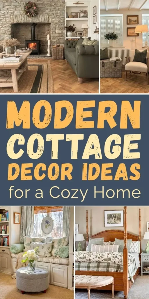 Modern cottage living room and bedroom decor featuring cozy neutral furniture, layered textiles, vintage-inspired wood accents, soft green tones, built-in window seating, and warm cottage-style details for a comfortable, timeless home.