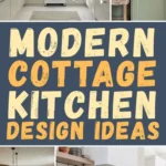 Modern cottage kitchen with soft white cabinetry, natural wood accents, open shelving, woven pendant lighting, and cozy decor details creating a warm, inviting space.