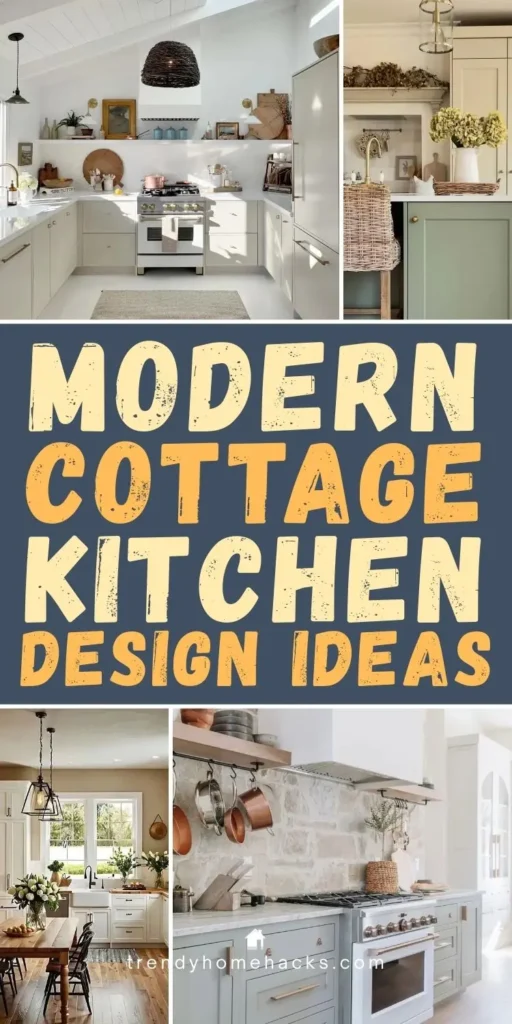 Modern cottage kitchen with soft white cabinetry, natural wood accents, open shelving, woven pendant lighting, and cozy decor details creating a warm, inviting space.