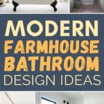 Modern farmhouse bathroom design ideas featuring a freestanding clawfoot tub, shiplap walls, wood vanities, black fixtures, patterned tile floors, and bright natural light.