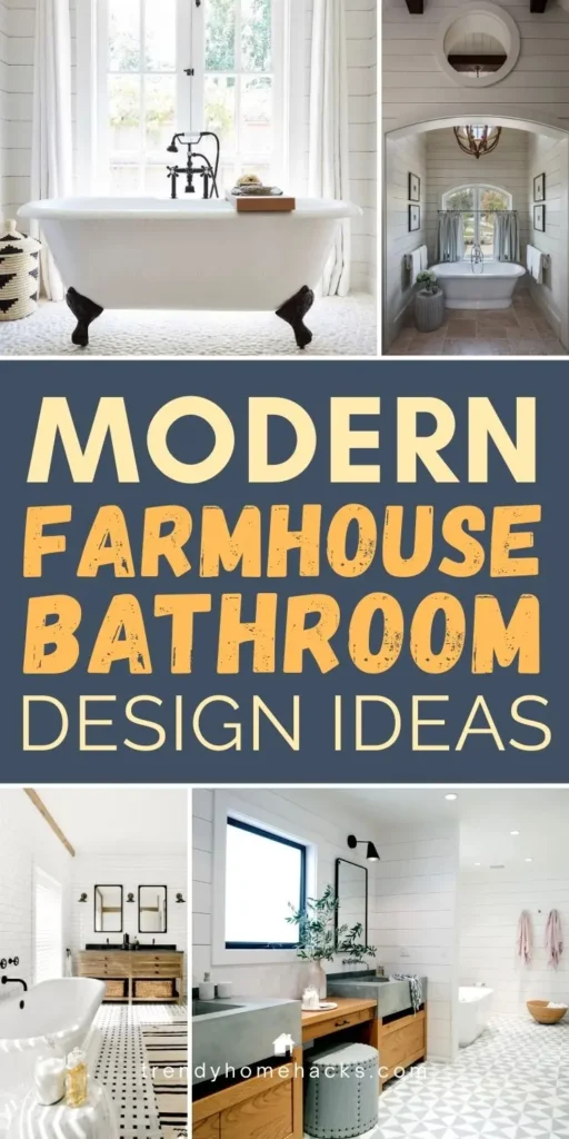 Modern farmhouse bathroom design ideas featuring a freestanding clawfoot tub, shiplap walls, wood vanities, black fixtures, patterned tile floors, and bright natural light.