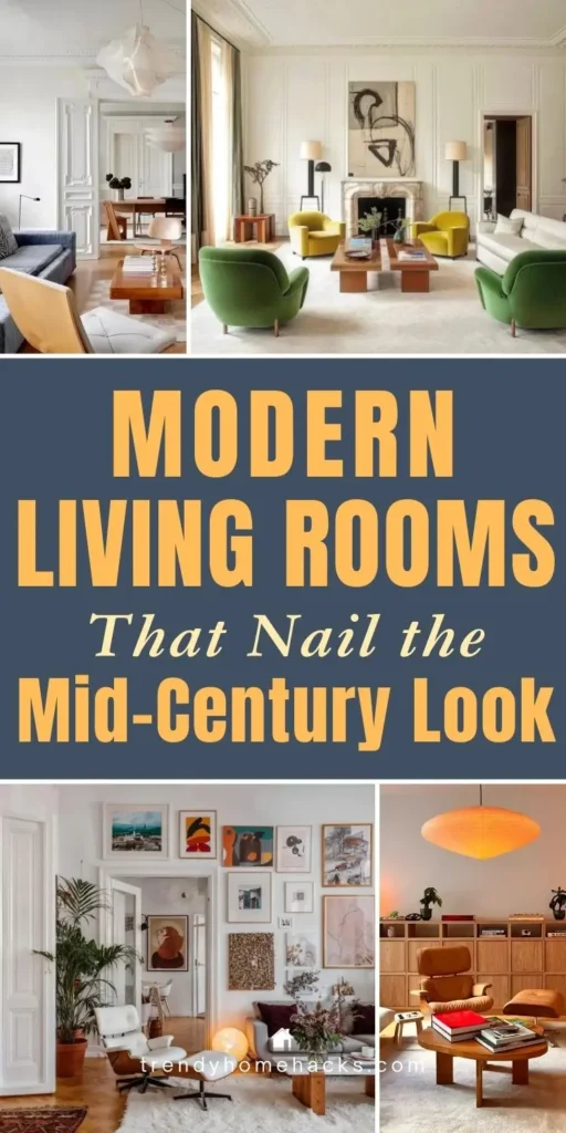 Collage of modern living rooms that nail the mid-century look, featuring sculptural seating, warm wood furniture, bold accent chairs, curated art walls, and clean, timeless mid-century modern styling.