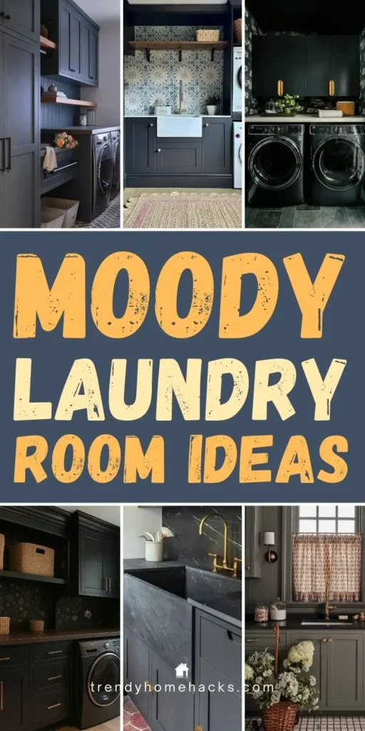 Examples of moody laundry rooms with dark cabinets, dramatic lighting, patterned tile, and modern finishes