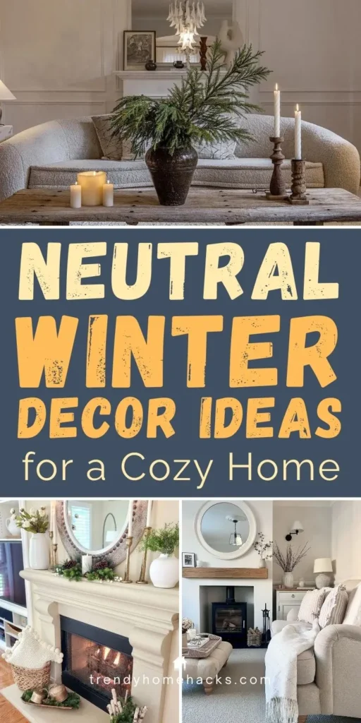 Neutral winter living room decor featuring soft beige seating, natural wood accents, cozy textures, candlelight, and simple greenery for a warm, timeless winter home.
