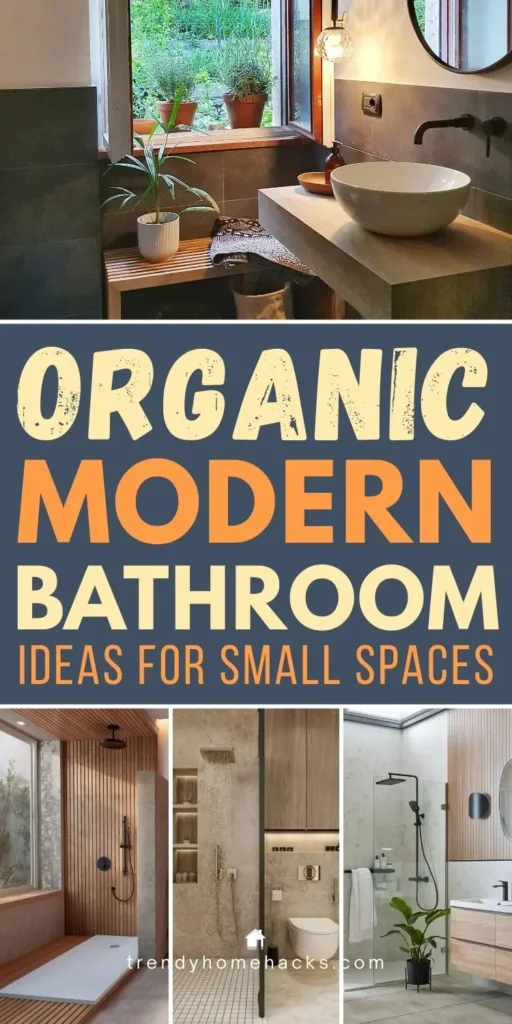 Collage of organic modern bathroom ideas for small spaces featuring floating vanities, vessel sinks, textured stone walls, walk-in showers, indoor plants, and warm minimalist bathroom design.