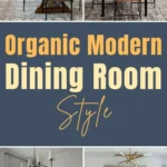 Organic modern dining room style featuring warm wood dining tables, neutral upholstered chairs, sculptural lighting, natural textures, greenery, and a clean modern layout with earthy, organic accents.