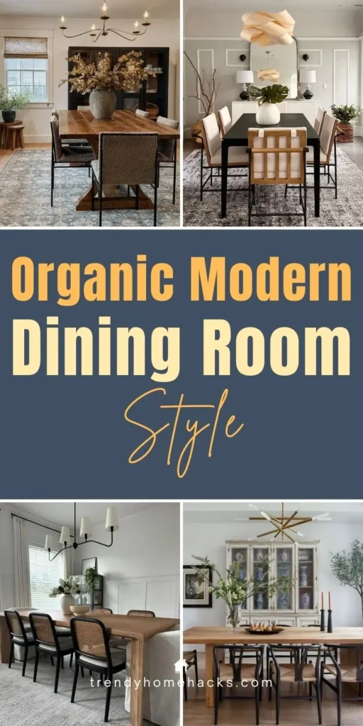 Organic modern dining room style featuring warm wood dining tables, neutral upholstered chairs, sculptural lighting, natural textures, greenery, and a clean modern layout with earthy, organic accents.