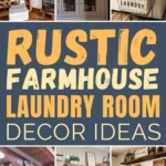 Examples of rustic farmhouse laundry rooms with vintage accents, wood countertops, farmhouse sinks, and open shelving