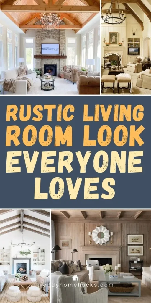 Rustic living room with cozy neutral furniture, exposed wood ceiling beams, stone fireplace, soft textiles, and warm natural decor creating a welcoming living space.