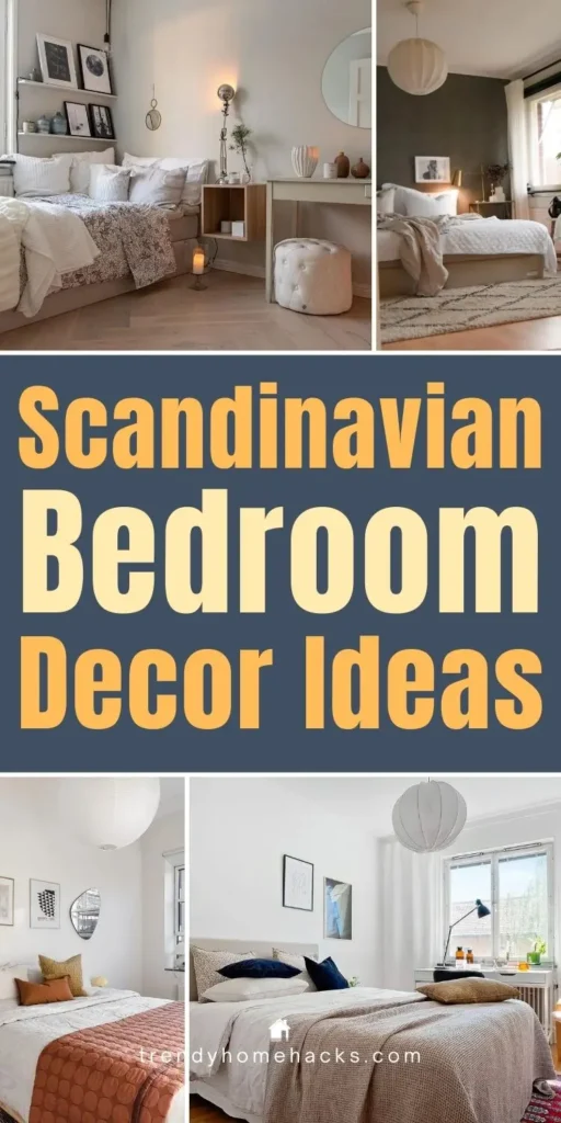 Scandinavian bedroom decor featuring light neutral tones, minimalist furniture, soft bedding, natural textures, and cozy styling for a calm and inviting Nordic-inspired bedroom.