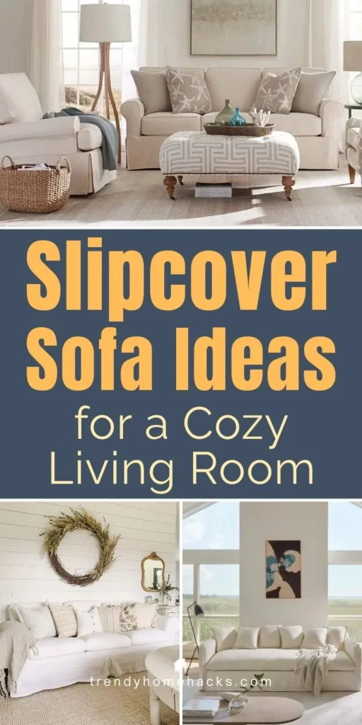 Collage of three living rooms featuring stylish slipcover sofas, with the text "Slipcover Sofa Ideas for a Cozy Living Room" in bold letters.
