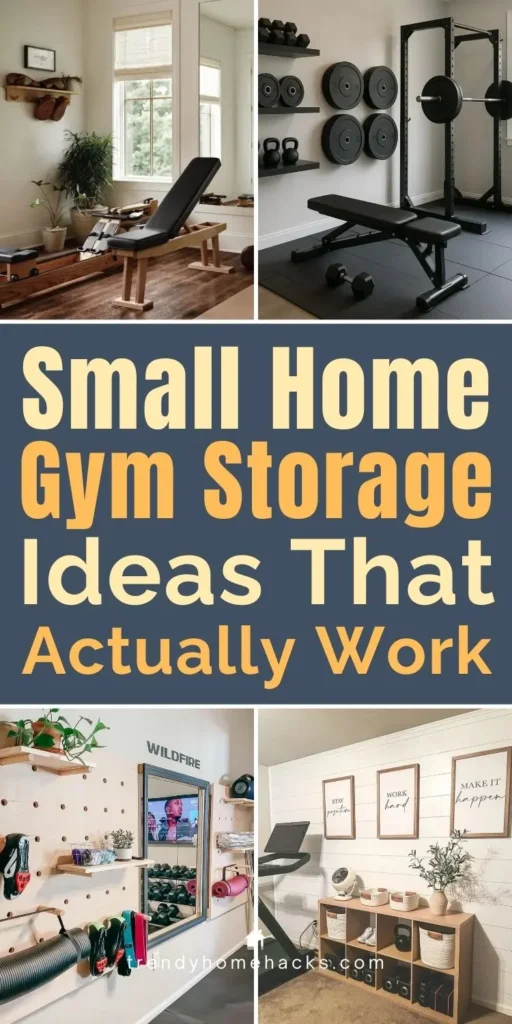 Collage of small home gym storage ideas featuring wall-mounted weight racks, compact workout benches, pegboard organizers, shelving units, and space-saving fitness storage solutions for small home gyms.
